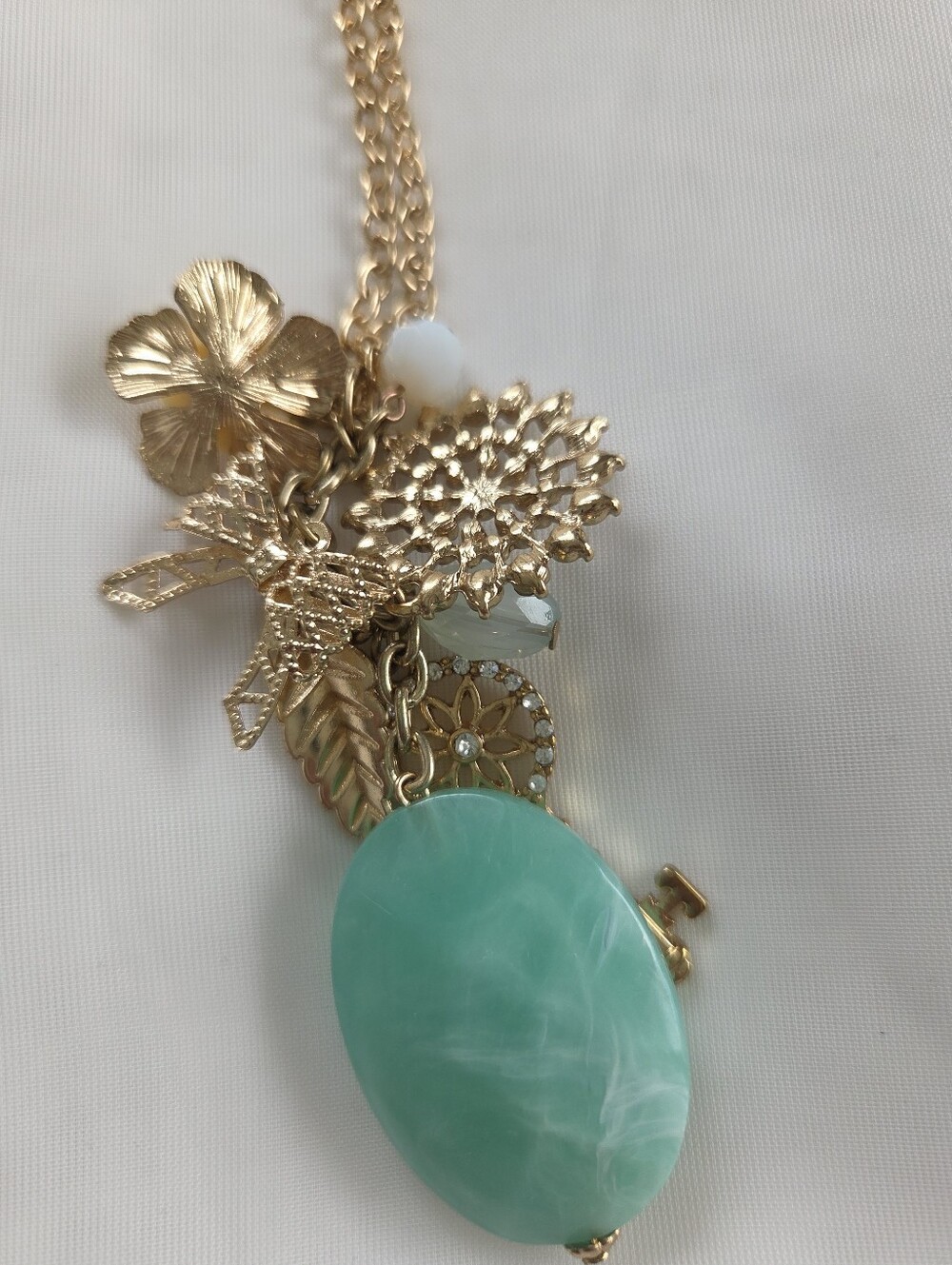 Gold Tone Charm Pendant Necklace with Turquoise‎ Stone